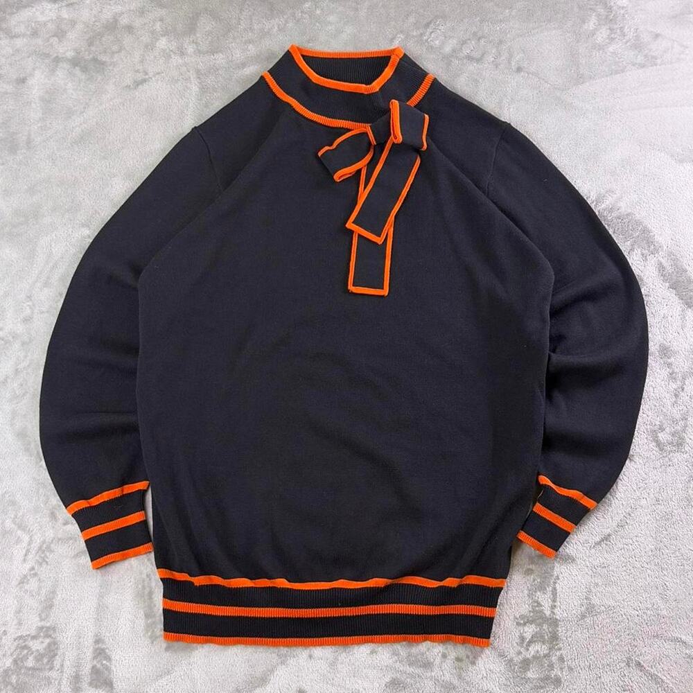 OXKNIT Sweater Womens XL Black Orange Bow Neck Cotton Retro Mod Pullover NWT